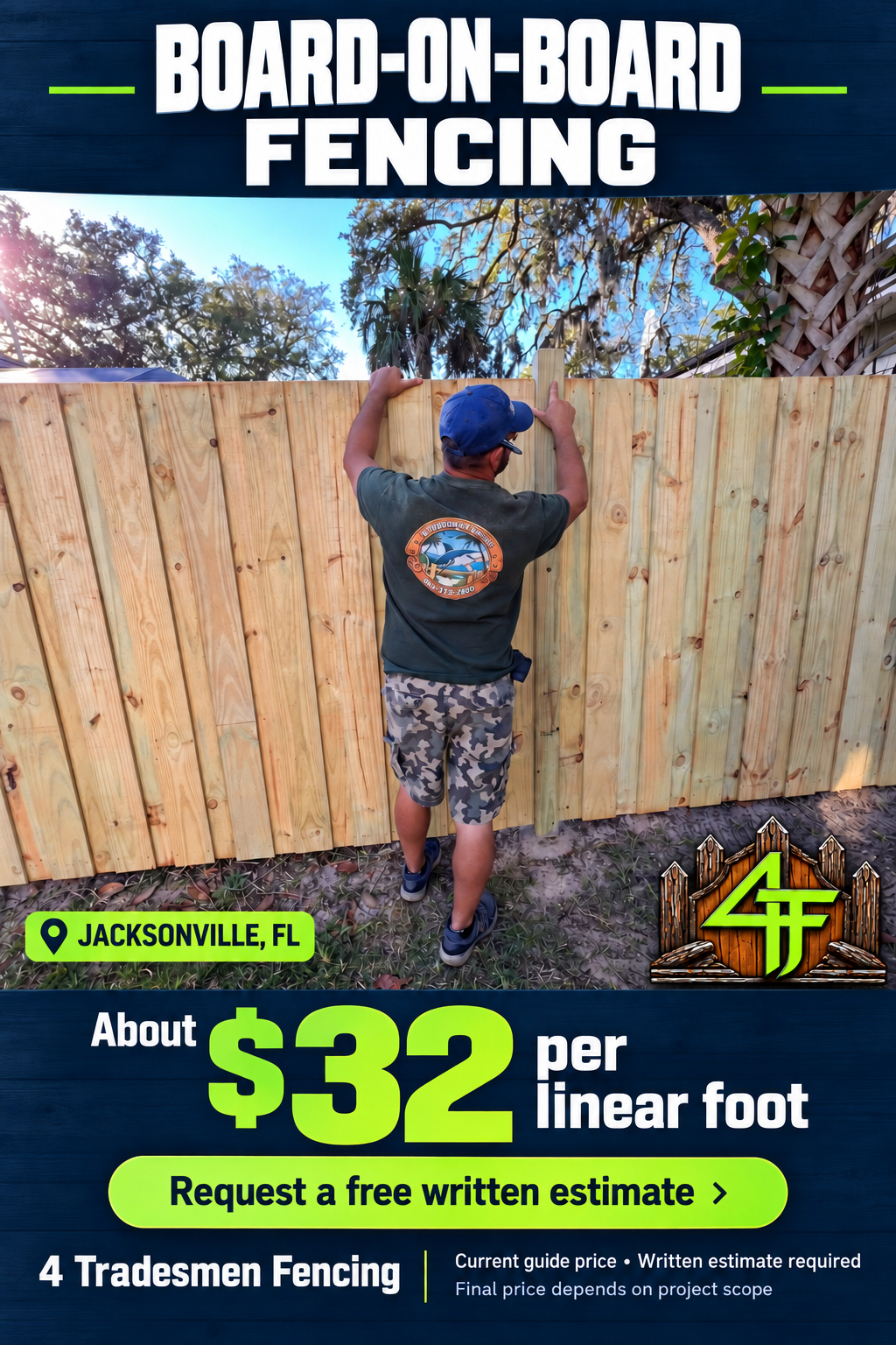 Tommy points to taller posts left for the homeowner to add solar light caps to a board-on-board wood privacy fence; 4 Tradesmen Fencing serves Jacksonville, with guide pricing about $32 per linear foot