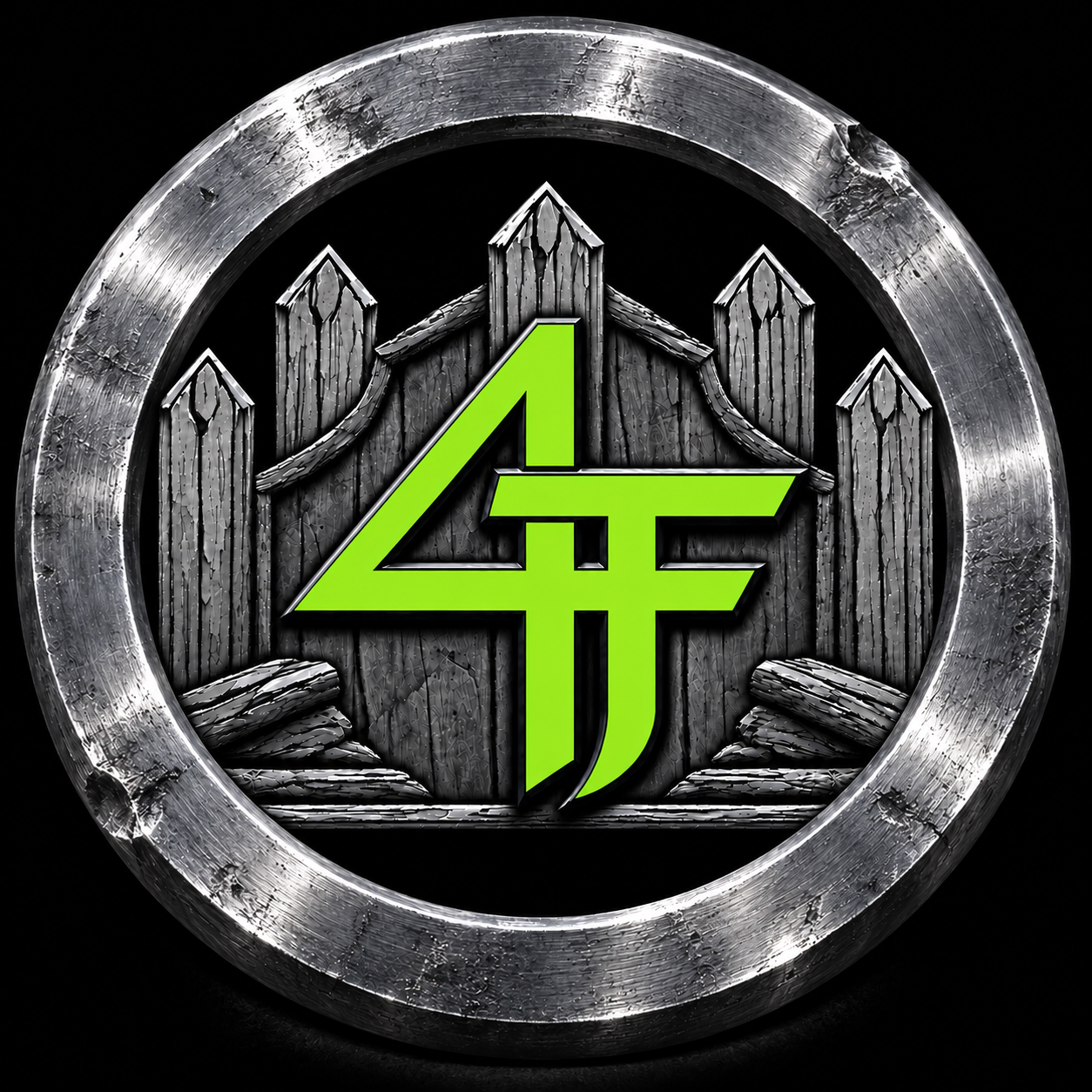 4 Tradesmen Fencing logo with green 4TF lettering, a charcoal fence and a solid steel circle