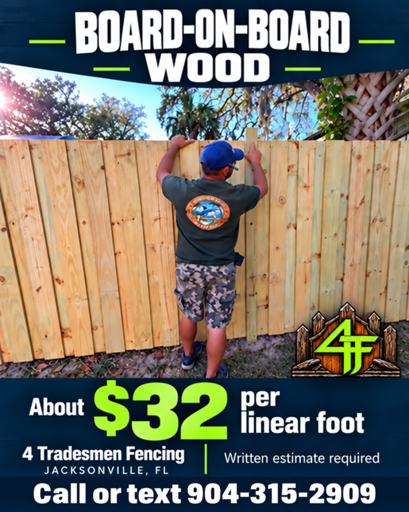 Tommy points to taller posts on a board-on-board wood privacy fence with overlapping pickets; 4 Tradesmen Fencing price guide shows about $32 per linear foot.
