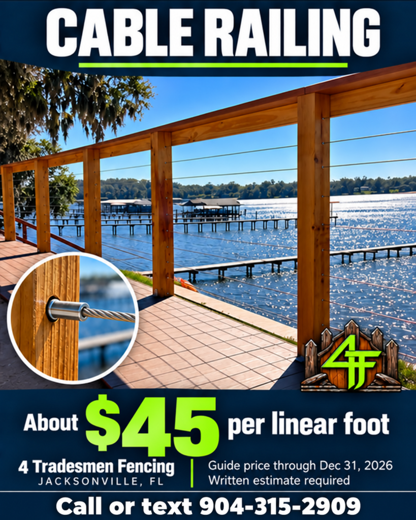 Wood-post cable railing with horizontal cables beside a waterfront deck, photographed on a 4 Tradesmen Fencing project.