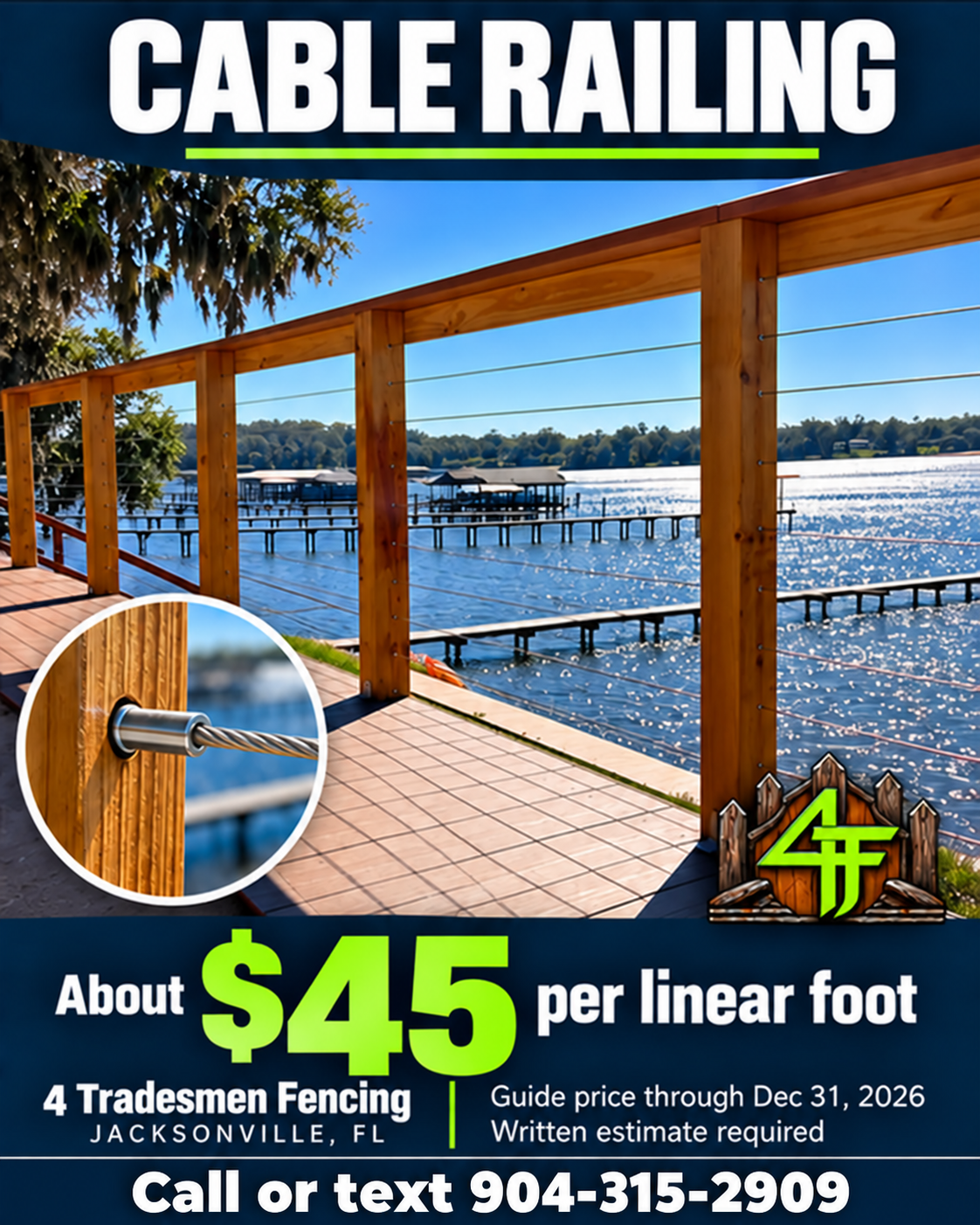 Wood-post cable railing with horizontal cables beside a waterfront deck, photographed on a 4 Tradesmen Fencing project.