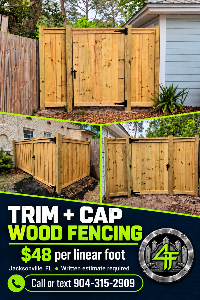 Trim-and-cap wood privacy fence and gate in Jacksonville by 4 Tradesmen Fencing, $48 per linear foot.
