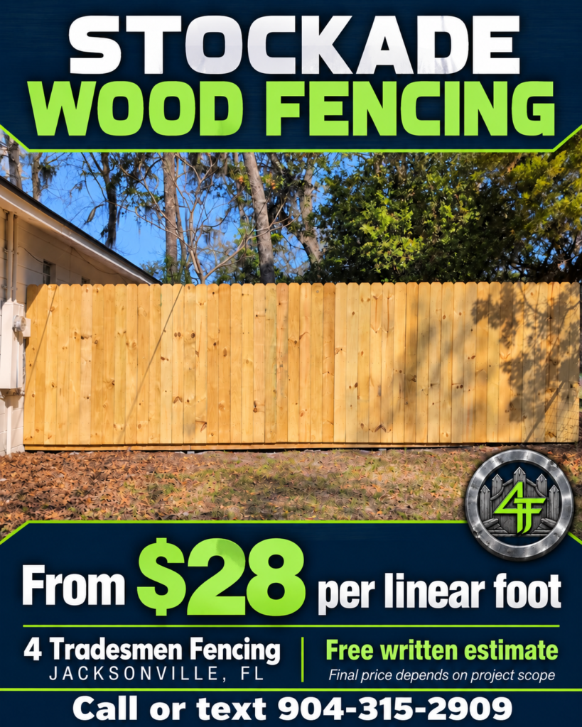 Stockade wood privacy fence with side-by-side pickets, from $28 per linear foot with 4 Tradesmen Fencing serving Jacksonville, Florida.