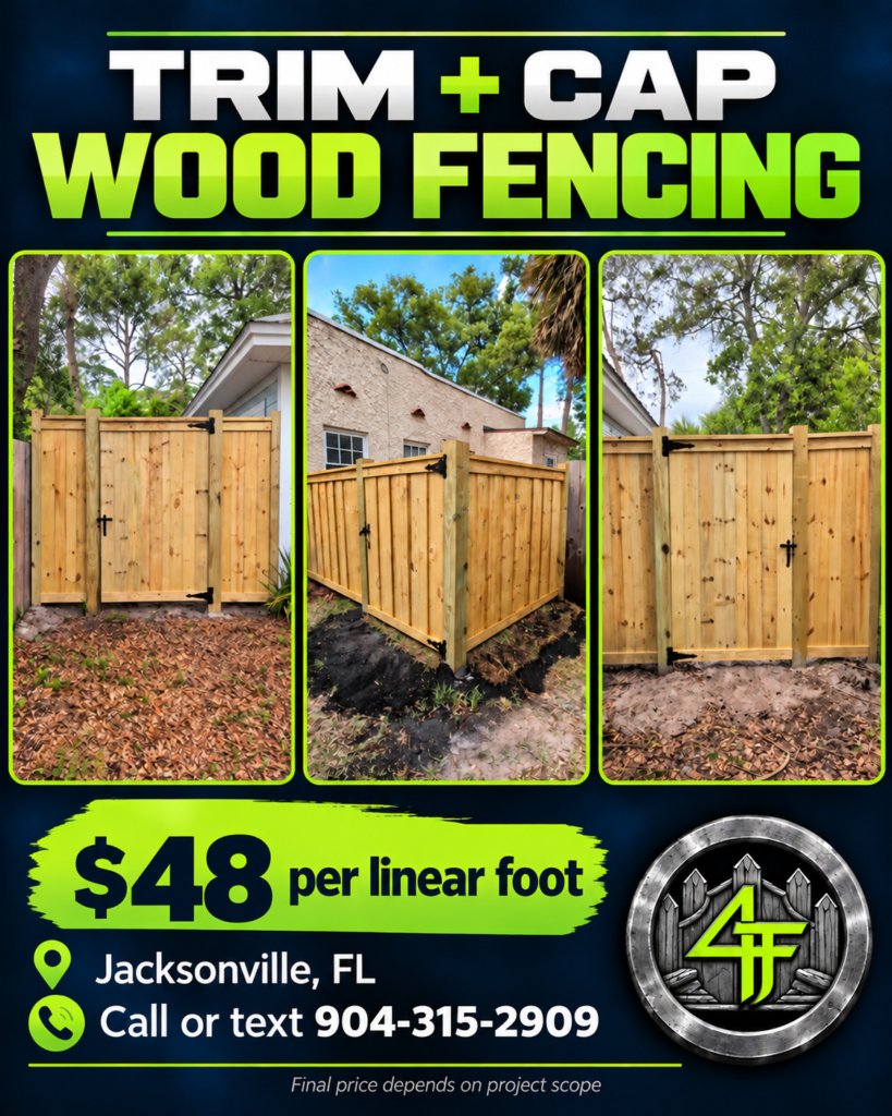 Three views of a trim-and-cap wood privacy fence and gate with horizontal top finish, flat-cut posts, and black hardware by 4 Tradesmen Fencing.