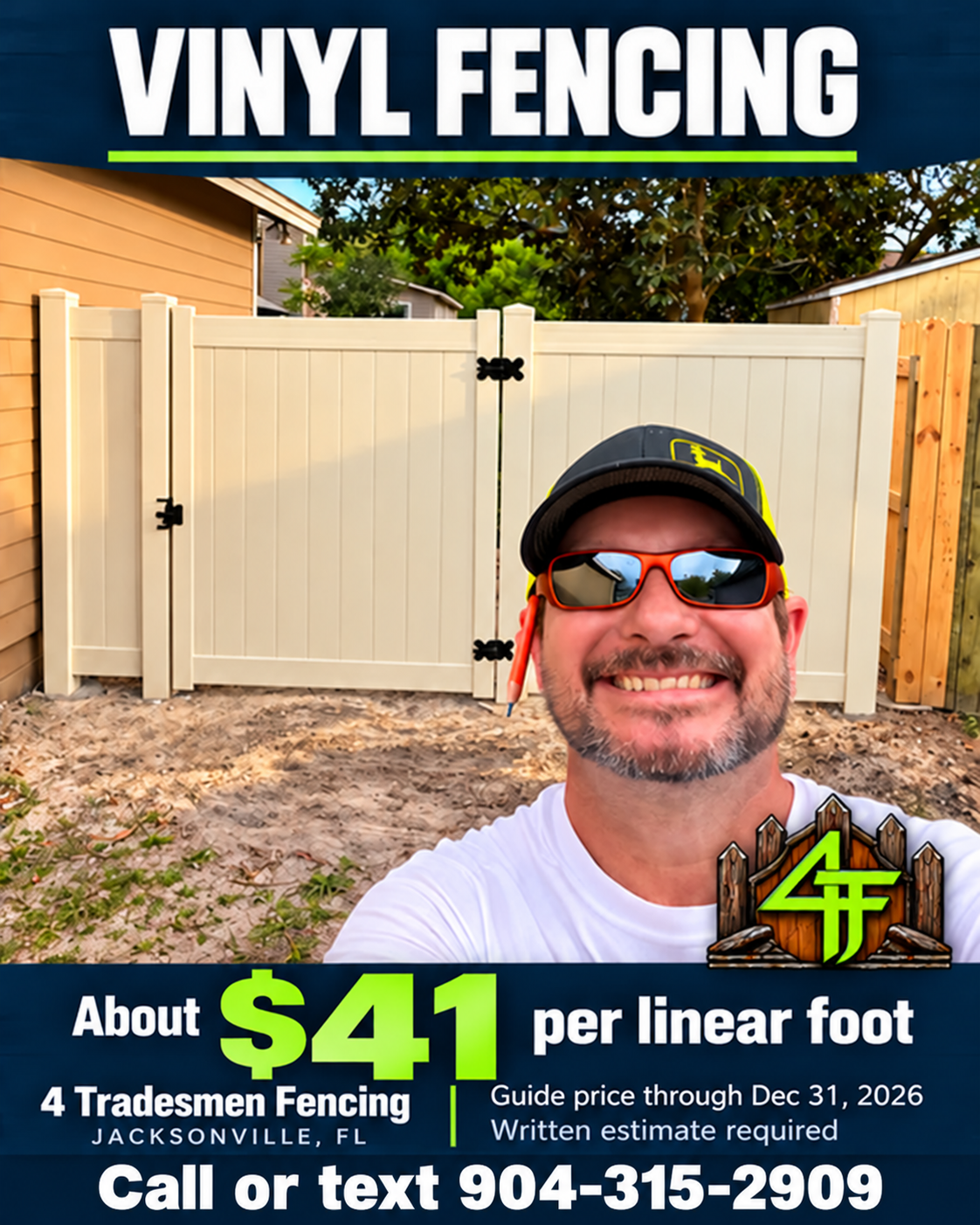 Vinyl privacy fence with matching gate and dark hardware in a 4 Tradesmen Fencing project; about $41 per linear foot in the Jacksonville service area.